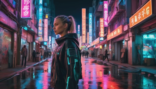 1girl, brown hair, jacket, ponytail, outdoors, solo focus, hood, water, night, hood down, building, scenery, reflection, city, sign, realistic, road, dark, street, cyberpunk, neon lights