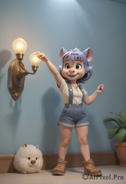 1girl,solo,smile,short hair,open mouth,bangs,shirt,hair ornament,holding,animal ears,brown eyes,jewelry,blue hair,standing,tail,full body,white shirt,purple hair,short sleeves,:d,earrings,boots,shoes,shorts,teeth,solo focus,collared shirt,artist name,indoors,hand up,signature,black eyes,arm up,flat chest,hands up,buttons,blurry background,shadow,animal,watermark,brown footwear,happy,suspenders,plant,denim,outstretched arm,child,furry,blue shorts,yellow shirt,mouse ears,furry female,female child,shirt tucked in,potted plant,light,lamp,overalls,animal nose,topknot,bear,suspender shorts,light bulb,buck teeth,blue overalls,overall shorts,breasts,looking at viewer,bow,grey hair,sidelocks,small breasts,blurry,web address,cross-laced footwear,brown fur,two-tone fur