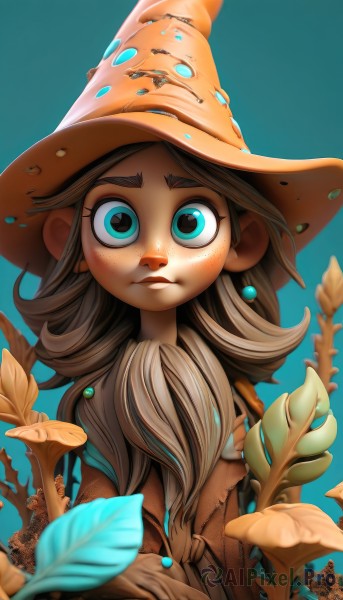 1girl,solo,long hair,looking at viewer,blue eyes,simple background,brown hair,hat,jewelry,closed mouth,upper body,grey hair,earrings,outdoors,aqua eyes,witch hat,leaf,blue background,thick eyebrows,plant,freckles,wide-eyed,witch,mushroom,dress,holding,parted lips,artist name,blurry,lips,aqua background