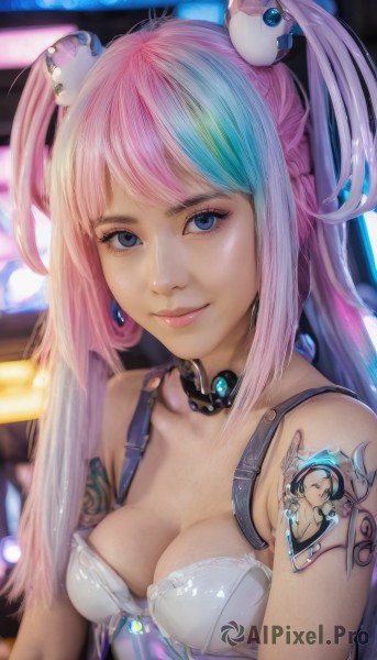 1girl,solo,long hair,breasts,looking at viewer,smile,bangs,blue eyes,hair ornament,cleavage,bare shoulders,twintails,jewelry,medium breasts,closed mouth,blue hair,upper body,pink hair,multicolored hair,choker,blurry,two-tone hair,lips,streaked hair,tattoo,makeup,science fiction,realistic,nose,android,collarbone,earrings,two side up,eyelashes,arm tattoo,shoulder tattoo