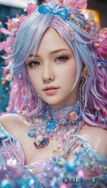 1girl,solo,long hair,breasts,looking at viewer,blue eyes,hair ornament,gloves,bow,cleavage,bare shoulders,jewelry,medium breasts,blue hair,upper body,pink hair,hair bow,multicolored hair,earrings,parted lips,white gloves,necklace,blurry,lips,grey eyes,eyelashes,makeup,detached collar,depth of field,blurry background,blue bow,gem,portrait,beads,pink lips,realistic,nose,pearl necklace,mascara,pearl (gemstone),bangs,purple hair,flower,teeth,artist name,hair flower,gradient hair,close-up