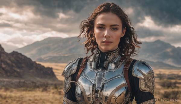 1girl,solo,looking at viewer,brown hair,brown eyes,upper body,outdoors,parted lips,sky,day,cloud,medium hair,armor,blurry,lips,bodysuit,blurry background,cloudy sky,shoulder armor,freckles,curly hair,pauldrons,breastplate,mountain,realistic,mountainous horizon,chainmail,short hair,jewelry,earrings,wind