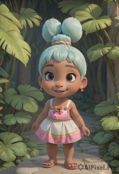 1girl,solo,looking at viewer,blush,smile,open mouth,hair ornament,dress,brown eyes,jewelry,blue hair,standing,full body,earrings,outdoors,teeth,dark skin,hair bun,dark-skinned female,lips,bare arms,aqua hair,fruit,leaf,sandals,single hair bun,plant,child,pink dress,nature,forest,female child,food print,food,skirt hold