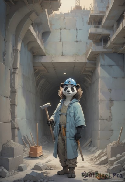 solo,looking at viewer,smile,gloves,1boy,hat,holding,standing,jacket,full body,male focus,boots,outdoors,open clothes,black gloves,belt,pants,black footwear,coat,building,furry,1other,blue headwear,furry male,ruins,hammer,blue coat,shovel,panda,rubble,holding hammer,post-apocalypse