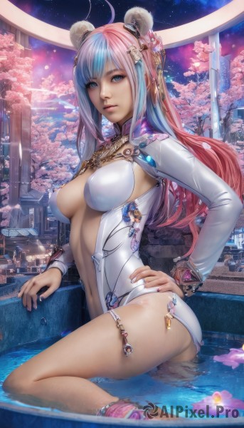 1girl,solo,long hair,breasts,looking at viewer,bangs,blue eyes,hair ornament,navel,animal ears,jewelry,medium breasts,blue hair,pink hair,ass,flower,ahoge,multicolored hair,outdoors,parted lips,sky,barefoot,water,hair bun,nail polish,bracelet,two-tone hair,leotard,lips,wet,hand on hip,petals,double bun,night,cherry blossoms,revealing clothes,star (sky),night sky,pink nails,partially submerged,starry sky,realistic,nose,white leotard,center opening,anklet,pool,cleavage,artist name,tree,watermark,architecture,bear ears