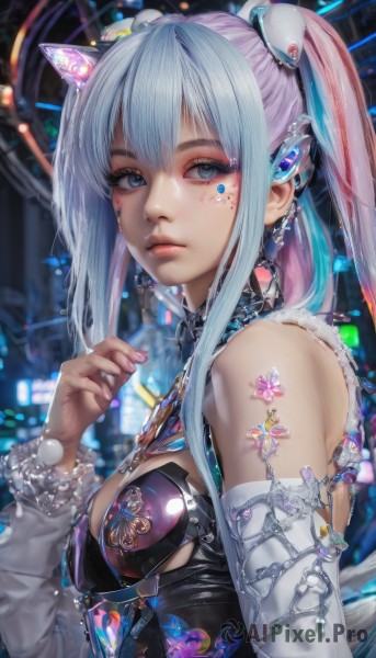 1girl,solo,long hair,breasts,looking at viewer,bangs,blue eyes,hair ornament,cleavage,bare shoulders,twintails,jewelry,medium breasts,closed mouth,blue hair,upper body,pink hair,sidelocks,multicolored hair,earrings,detached sleeves,shiny,hand up,nail polish,blurry,from side,two-tone hair,lips,streaked hair,fingernails,tattoo,makeup,blurry background,headgear,facial mark,piercing,pink nails,eyeshadow,science fiction,realistic,eyeliner,mascara,cyberpunk,long sleeves,animal ears,hair between eyes,grey hair,small breasts,artist name,necklace,two side up,grey eyes,fur trim,eyelashes,gradient hair,depth of field,fake animal ears,glowing,expressionless,gem,ear piercing,beads,pink lips,nose,shoulder tattoo,mechanical ears