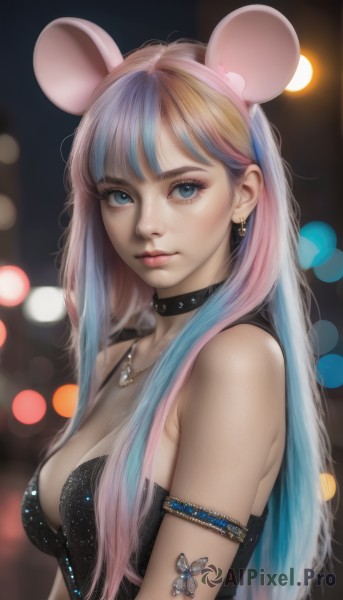 1girl,solo,long hair,breasts,looking at viewer,bangs,blue eyes,animal ears,cleavage,bare shoulders,jewelry,medium breasts,closed mouth,blue hair,upper body,pink hair,multicolored hair,hairband,earrings,choker,necklace,blurry,collar,from side,two-tone hair,lips,eyelashes,tattoo,makeup,depth of field,blurry background,fake animal ears,black choker,armlet,freckles,realistic,mouse ears,nose,bokeh,mascara,dress,sleeveless,artist name,black dress,strapless,gradient hair,bug,butterfly,eyeshadow,chinese zodiac,year of the rat