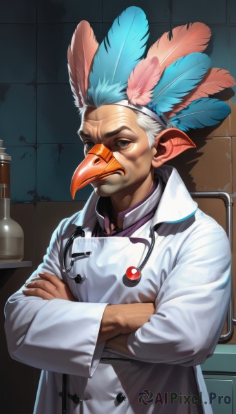 solo,looking at viewer,long sleeves,1boy,brown eyes,closed mouth,upper body,white hair,male focus,indoors,coat,facial hair,bird,crossed arms,feathers,mustache,labcoat,feather hair ornament,old,old man,stethoscope,doctor,blue feathers,hair ornament,hat,animal ears,blue hair,multicolored hair,artist name,mask,buttons,frown,realistic,white coat,hat feather,wrinkled skin