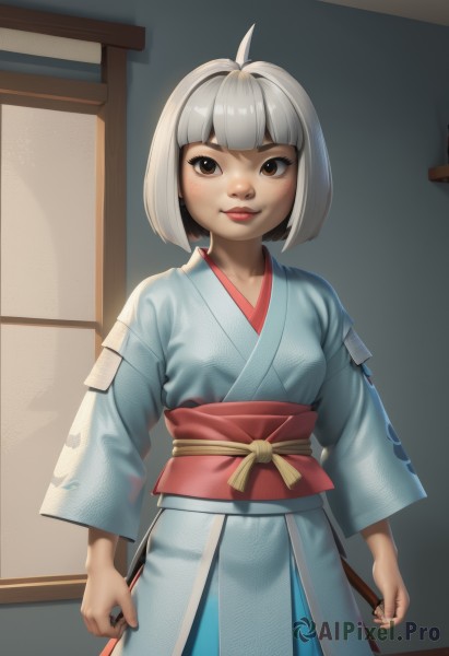 1girl,solo,breasts,looking at viewer,smile,short hair,bangs,long sleeves,brown eyes,closed mouth,standing,ahoge,white hair,grey hair,cowboy shot,small breasts,japanese clothes,shiny,artist name,indoors,wide sleeves,blunt bangs,kimono,shiny hair,lips,sash,makeup,obi,bob cut,clenched hands,freckles,nose,arms at sides,blue kimono,red lips,print kimono,blush,thick eyebrows