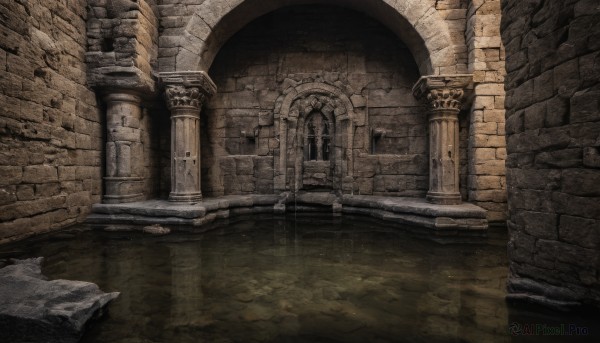 outdoors,indoors,water,dutch angle,no humans,traditional media,scenery,stairs,door,wall,ruins,pillar,arch,column,stone floor,architecture,bridge,statue