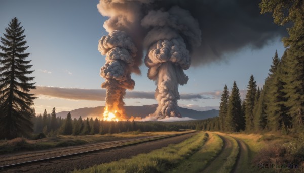 outdoors,sky,day,cloud,tree,blue sky,no humans,sunlight,cloudy sky,grass,fire,nature,scenery,forest,smoke,sunset,mountain,bush,statue,landscape,pine tree,ground vehicle,road,burning,campfire