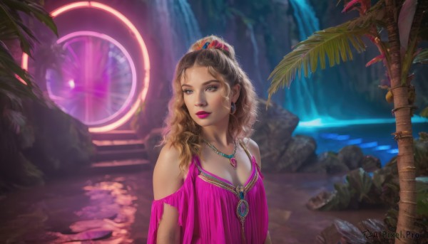 1girl,solo,long hair,breasts,brown hair,hair ornament,cleavage,bare shoulders,brown eyes,jewelry,medium breasts,upper body,ponytail,earrings,water,necklace,tree,lips,makeup,wavy hair,plant,lipstick,curly hair,hoop earrings,rock,realistic,palm tree,waterfall,cave,looking at viewer,dress,outdoors,parted lips,feathers,gem,pink dress