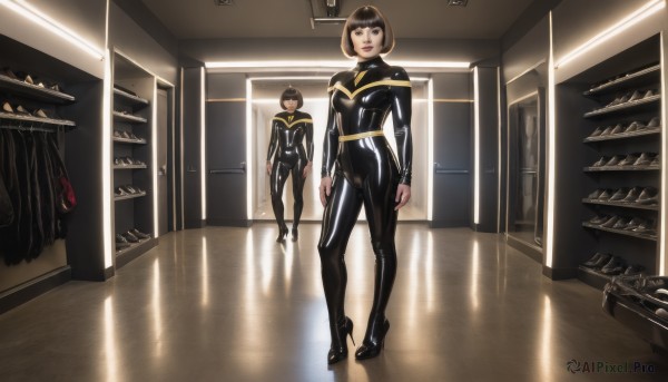 1girl,breasts,looking at viewer,smile,short hair,bangs,multiple girls,brown hair,black hair,2girls,brown eyes,standing,full body,indoors,high heels,bodysuit,bob cut,lipstick,skin tight,reflection,mirror,black bodysuit,latex,latex bodysuit,blue eyes,medium breasts,shiny,shiny clothes,realistic