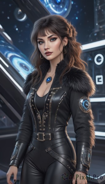 1girl,solo,long hair,breasts,looking at viewer,blue eyes,brown hair,black hair,long sleeves,cleavage,jewelry,medium breasts,standing,jacket,braid,cowboy shot,earrings,parted lips,open clothes,belt,pants,necklace,nail polish,mole,open jacket,lips,black jacket,fur trim,bodysuit,makeup,wavy hair,black pants,lipstick,black nails,french braid,buckle,eyeshadow,science fiction,hoop earrings,realistic,nose,red lips,eyeliner,leather,leather jacket,leather pants,bangs,shirt,closed mouth,artist name,black shirt,pendant,backlighting,black belt