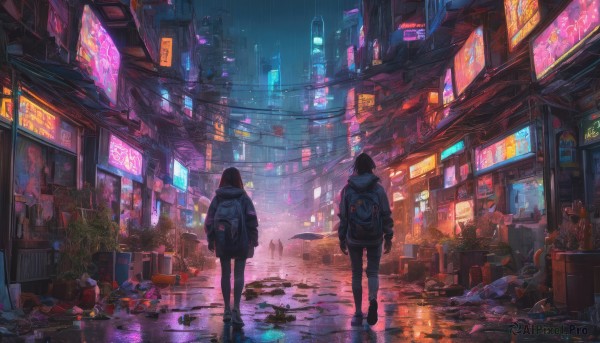 short hair, multiple girls, black hair, 2girls, standing, outdoors, shoes, hood, bag, from behind, night, backpack, building, scenery, science fiction, rain, city, sign, facing away, cityscape, dark, city lights, cyberpunk, neon lights