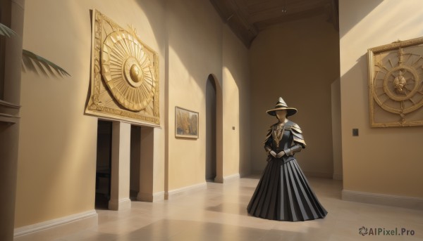 1girl,solo,long hair,looking at viewer,skirt,blonde hair,brown hair,gloves,long sleeves,hat,dress,jewelry,standing,striped,indoors,necklace,black dress,black headwear,capelet,witch hat,sunlight,own hands together,light rays,door,clock,pillar,no humans,shadow,plant,scenery,wooden floor,wide shot,painting (object)