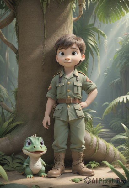 solo,looking at viewer,smile,short hair,brown hair,1boy,brown eyes,closed mouth,standing,full body,male focus,boots,outdoors,day,belt,pants,uniform,black eyes,tree,hand on hip,military,military uniform,leaf,brown footwear,sunlight,plant,child,nature,sleeves rolled up,forest,pocket,light rays,male child,dinosaur,black hair,short sleeves,pokemon (creature),fangs,watermark