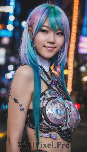 1girl,solo,long hair,looking at viewer,smile,bangs,bare shoulders,jewelry,blue hair,upper body,pink hair,multicolored hair,earrings,midriff,mole,blurry,black eyes,two-tone hair,lips,aqua hair,makeup,detached collar,blurry background,science fiction,realistic,breasts,purple hair,green hair,cable