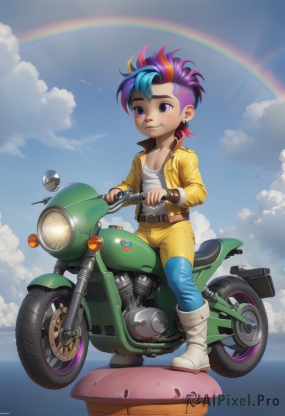 1girl,solo,breasts,smile,short hair,shirt,jewelry,blue hair,purple eyes,collarbone,jacket,full body,pink hair,purple hair,multicolored hair,earrings,boots,outdoors,open clothes,sky,day,belt,pants,artist name,cloud,signature,water,two-tone hair,open jacket,blue sky,streaked hair,bird,ocean,watermark,piercing,white footwear,cloudy sky,ground vehicle,ear piercing,web address,motor vehicle,personification,riding,rainbow,motorcycle,jumpsuit,rainbow hair,blue eyes,cleavage,lips,makeup,asymmetrical hair,mohawk,scooter,yellow pants