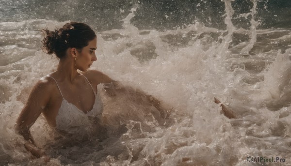 1girl,solo,breasts,brown hair,black hair,dress,cleavage,bare shoulders,medium breasts,collarbone,upper body,small breasts,outdoors,dark skin,water,hair bun,white dress,dark-skinned female,lips,wet,profile,sleeveless dress,ocean,beach,single hair bun,partially submerged,spaghetti strap,splashing,waves,very dark skin,short hair,jewelry,closed mouth,earrings,sleeveless,mole,from side,realistic,sand