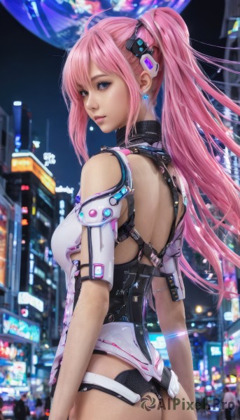 1girl,solo,long hair,breasts,looking at viewer,bangs,blue eyes,hair ornament,bare shoulders,twintails,jewelry,medium breasts,standing,ponytail,pink hair,ass,cowboy shot,earrings,looking back,from behind,blurry,leotard,lips,clothing cutout,bodysuit,makeup,headgear,back,building,science fiction,city,arms at sides,closed mouth,sidelocks,small breasts,outdoors,night,cityscape,city lights,cyberpunk