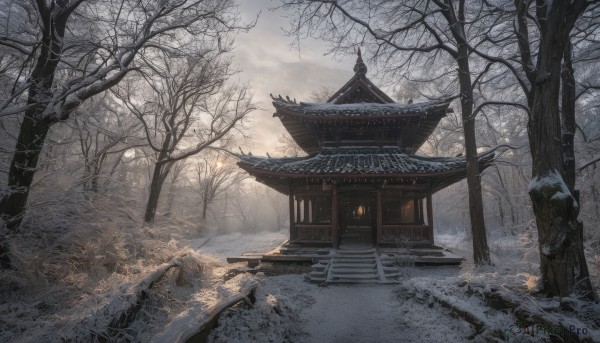 outdoors,sky,day,cloud,tree,no humans,cloudy sky,grass,building,rope,nature,scenery,snow,forest,stairs,architecture,winter,east asian architecture,bare tree,shrine,fog,grey sky,stone lantern,box,road,house,path