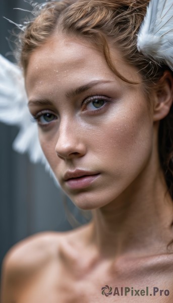 1girl,solo,long hair,looking at viewer,blonde hair,brown hair,hair ornament,bare shoulders,brown eyes,green eyes,collarbone,nude,parted lips,blurry,lips,feathers,head wings,portrait,close-up,realistic,nose,wings,eyelashes,angel