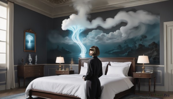 1girl,solo,smile,short hair,brown hair,long sleeves,dress,brown eyes,standing,sky,looking back,cloud,indoors,from behind,black dress,tree,cup,pillow,book,window,bed,night,on bed,chair,table,bob cut,cloudy sky,curtains,scenery,smoke,wooden floor,lamp,candle,bedroom,wide shot,picture frame,painting (object),drawer,chest of drawers,black hair,holding,candlestand