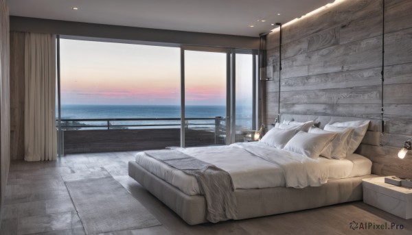 sky,cloud,indoors,water,pillow,book,no humans,window,bed,ocean,on bed,table,curtains,scenery,couch,wooden floor,door,blanket,horizon,lamp,bedroom,carpet,sunrise,rug,cup,bed sheet,phone,sunset,railing,floor