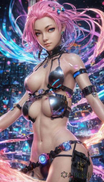 1girl,solo,long hair,breasts,looking at viewer,short hair,blue eyes,hair ornament,navel,cleavage,bare shoulders,jewelry,medium breasts,swimsuit,pink hair,bikini,cowboy shot,earrings,necklace,lips,shiny skin,night,revealing clothes,science fiction,pouch,city,realistic,holster,bikini armor,thigh holster,large breasts,standing,shiny,belt,water,stomach,black bikini,watermark,armband,armlet,nose,arm strap,belt pouch