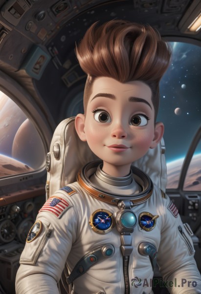 1girl,solo,looking at viewer,smile,short hair,brown hair,1boy,brown eyes,closed mouth,upper body,lips,child,star (sky),freckles,realistic,space,planet,earth (planet),american flag,spacesuit,astronaut,male focus,artist name,spiked hair,zipper,nose,emblem,badge,dirty,japanese flag