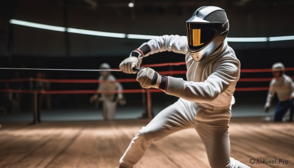 gloves,holding,standing,weapon,male focus,multiple boys,solo focus,pants,white gloves,2boys,blurry,vest,blurry background,3boys,helmet,faceless,sportswear,baseball uniform,1boy,realistic,baseball