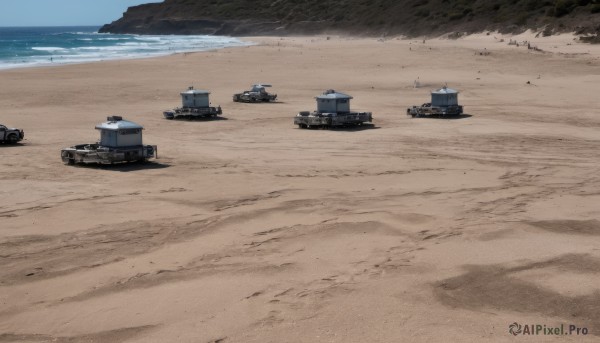 outdoors,sky,day,water,military,no humans,ocean,beach,ground vehicle,motor vehicle,sand,cannon,military vehicle,tank,vehicle focus,machine gun,caterpillar tracks,desert,scenery,waves,shore