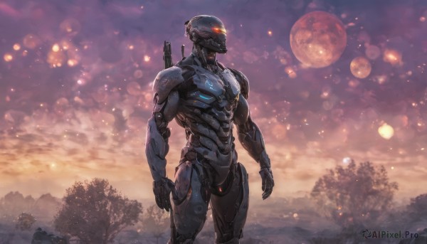 solo, 1boy, weapon, male focus, outdoors, sky, armor, tree, gun, glowing, moon, helmet, robot, full moon, science fiction, power armor, red moon