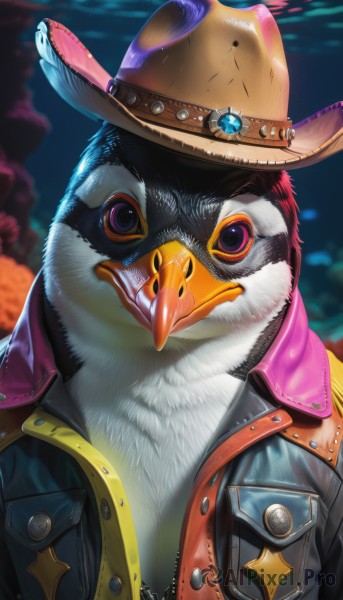 solo,looking at viewer,hat,closed mouth,jacket,upper body,open clothes,artist name,blurry,open jacket,black jacket,no humans,buttons,blurry background,bird,animal,feathers,gem,fish,brown headwear,leather,animal focus,penguin,yellow headwear,leather jacket,beak,clothed animal,denim jacket,signature,depth of field,watermark,cowboy hat