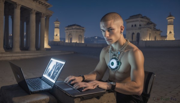 solo,blue eyes,blonde hair,1boy,jewelry,sitting,nipples,male focus,earrings,outdoors,sky,dark skin,necklace,tattoo,muscular,night,chair,piercing,table,dark-skinned male,building,ear piercing,topless male,watch,city,wristwatch,cityscape,computer,bald,laptop,bracelet,star (sky),night sky,realistic