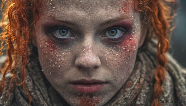 1girl,solo,long hair,looking at viewer,brown eyes,closed mouth,braid,red hair,orange hair,blurry,twin braids,lips,eyelashes,blood,makeup,portrait,close-up,freckles,realistic,dirty,yellow eyes,dirty face