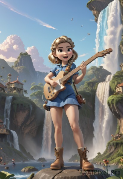 1girl,solo,long hair,blush,smile,open mouth,multiple girls,skirt,blonde hair,brown hair,shirt,dress,holding,brown eyes,jewelry,standing,full body,braid,short sleeves,:d,earrings,boots,outdoors,multiple boys,sky,teeth,solo focus,day,belt,artist name,cloud,signature,water,black eyes,tree,blue sky,blue skirt,bare legs,blue dress,bird,upper teeth only,watermark,brown footwear,short dress,cloudy sky,blue shirt,building,instrument,child,scenery,web address,side braid,cross-laced footwear,legs apart,rock,mountain,city,fantasy,music,lace-up boots,guitar,singing,mushroom,bridge,playing instrument,holding instrument,river,castle,waterfall,cliff,short hair,necklace,lips,thick eyebrows,forehead,6+boys,ankle boots,giant,giantess,floating island