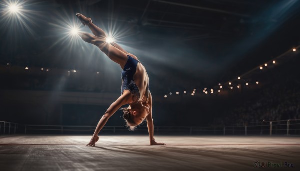 1girl,solo,short hair,brown hair,1boy,male focus,leotard,upside-down,light,blue leotard,crowd,lights,athletic leotard,ballet slippers,gymnastics,handstand,breasts,open mouth,navel,brown eyes,medium breasts,full body,pantyhose,small breasts,dark skin,armpits,dark-skinned female,split,flexible,spotlight