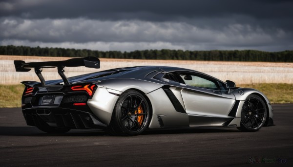 outdoors,sky,cloud,no humans,cloudy sky,grass,ground vehicle,nature,motor vehicle,forest,car,road,vehicle focus,grey sky,wheel,sports car,solo,from side