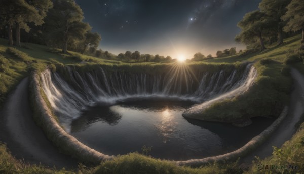 A unique view of a waterfall in sunset outdoors