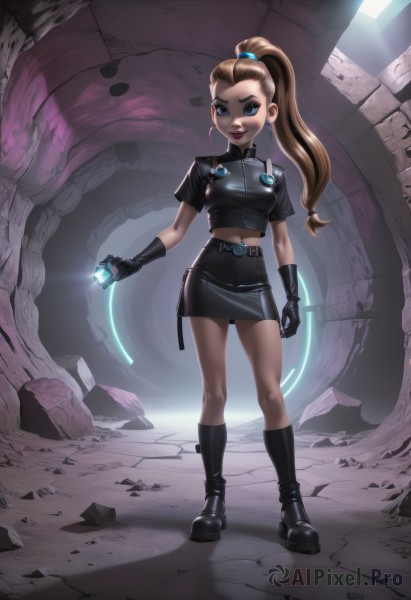 1girl,solo,long hair,breasts,looking at viewer,smile,blue eyes,skirt,brown hair,gloves,jewelry,medium breasts,standing,full body,ponytail,short sleeves,earrings,boots,black gloves,midriff,belt,miniskirt,black skirt,black footwear,lips,crop top,makeup,knee boots,high ponytail,lipstick,forehead,pencil skirt,cropped jacket,science fiction,red lips,leather,hair pulled back,shirt,hair ornament,navel,holding,multicolored hair,mole,uniform,black shirt,facial mark,eyeshadow,hair tie,eyeliner