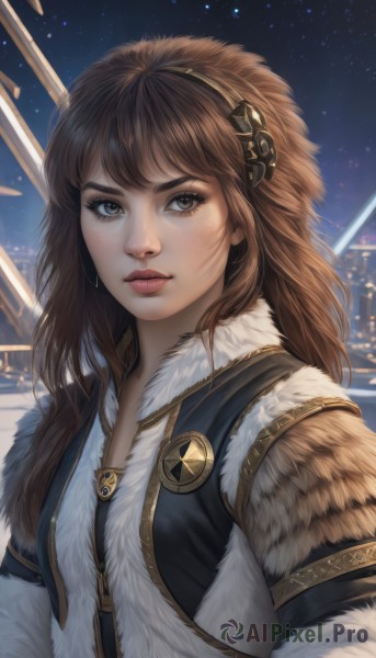 1girl,solo,long hair,looking at viewer,bangs,brown hair,brown eyes,jewelry,upper body,hairband,outdoors,sky,artist name,lips,fur trim,eyelashes,night,watermark,star (sky),night sky,snow,starry sky,freckles,realistic,nose,hair ornament,closed mouth,earrings,vest,looking to the side,fur