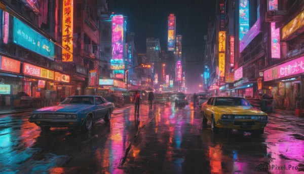 outdoors, sky, no humans, night, ground vehicle, building, scenery, motor vehicle, reflection, rain, city, sign, car, road, cityscape, lamppost, street, puddle, city lights, cyberpunk, neon lights