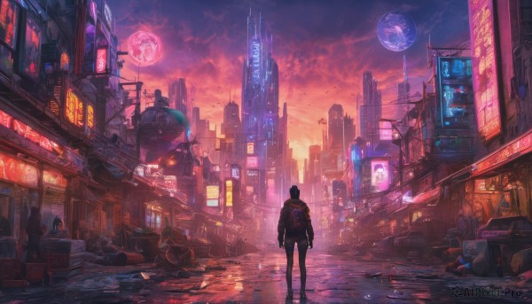 standing, outdoors, sky, cloud, night, moon, backpack, ground vehicle, building, instrument, scenery, motor vehicle, full moon, science fiction, city, sign, guitar, road, cityscape, skyscraper, red moon, cyberpunk, neon lights