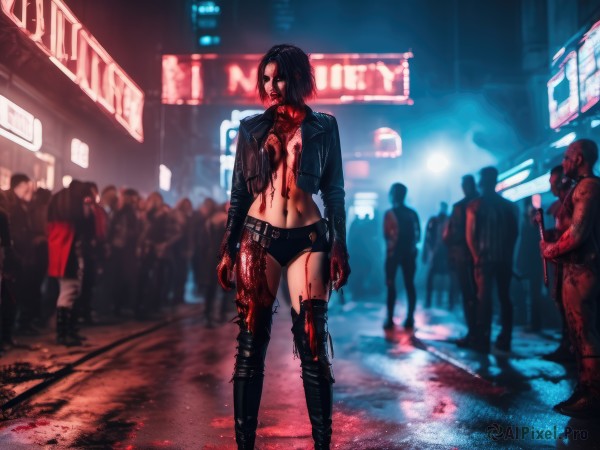 1girl,breasts,looking at viewer,short hair,black hair,thighhighs,navel,medium breasts,standing,jacket,weapon,boots,outdoors,multiple boys,open clothes,shorts,solo focus,midriff,belt,black footwear,blurry,open jacket,black jacket,torn clothes,short shorts,blood,night,glowing,thigh boots,black shorts,cropped jacket,science fiction,blood on face,city,realistic,blood on clothes,leather,cyborg,zombie,blood splatter,blood on hands,crowd,death,leather jacket,guro,cyberpunk,neon lights,underwear,pants,gun,no bra,tattoo,depth of field,blurry background,denim,bald