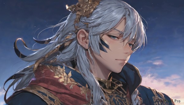 solo,long hair,looking at viewer,blush,bangs,blue eyes,hair ornament,1boy,hair between eyes,closed mouth,upper body,braid,flower,white hair,grey hair,male focus,outdoors,sky,cloud,hair flower,cape,armor,blue sky,facial mark,half-closed eyes,portrait,star (sky),starry sky,robe,hyur,jewelry,lips