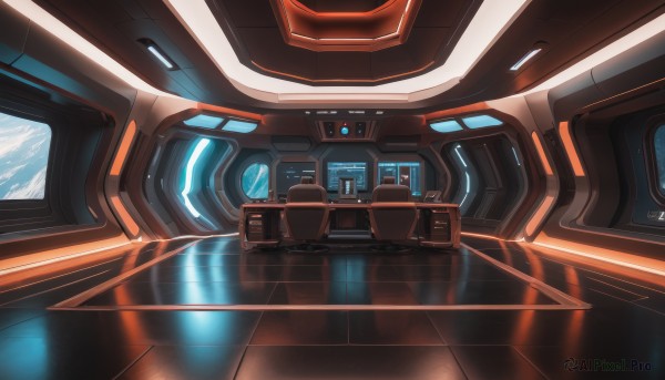 artist name,signature,no humans,glowing,robot,scenery,mecha,reflection,science fiction,realistic,space,planet,earth (planet),spacecraft,spacesuit,cockpit,seat,solo,indoors,dated,window,close-up,tiles,tile floor,reflective floor,screen