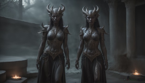 HQ,1girl,long hair,breasts,looking at viewer,blue eyes,multiple girls,skirt,black hair,red eyes,navel,2girls,jewelry,medium breasts,closed mouth,standing,outdoors,horns,sky,pointy ears,armor,bracelet,glowing,colored skin,fire,shoulder armor,glowing eyes,pelvic curtain,colored sclera,pauldrons,breastplate,arms at sides,black sclera,candle,grey skin,fog,boobplate,solo,gloves,cleavage,midriff,elf,bikini armor,black lips