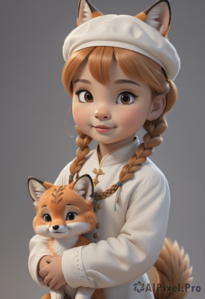 1girl,solo,long hair,looking at viewer,blush,smile,bangs,simple background,brown hair,long sleeves,hat,holding,animal ears,brown eyes,closed mouth,tail,upper body,braid,grey background,twin braids,animal ear fluff,animal,white headwear,child,dog ears,hair over shoulder,extra ears,freckles,dog,female child,holding animal,dress,jacket,white dress,lips,fox tail,cat,nose,fox